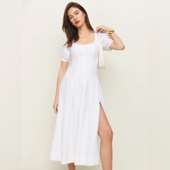 NEW Reformation Coucou Midi Linen Dress Puff Sleeves White | size 2 - Picture 2 of 16